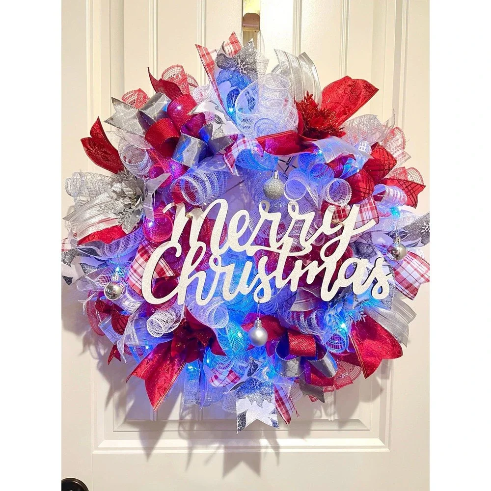 Christmas Poinsettia Holiday Ribbon Door Wreath Handmade 22 ins LED W15